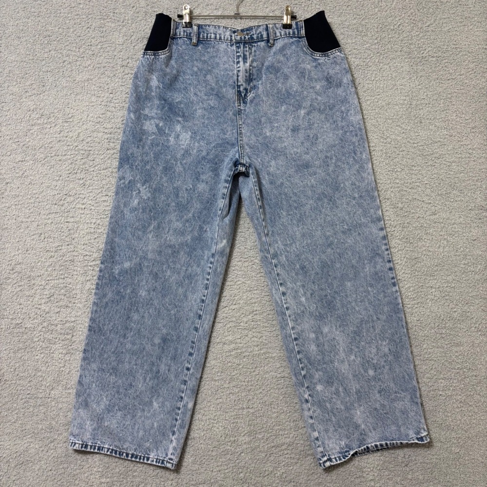 Wide Leg Comfortable Jeans‎ Elastic Waist High Rise Acid Wash Blue Size 14